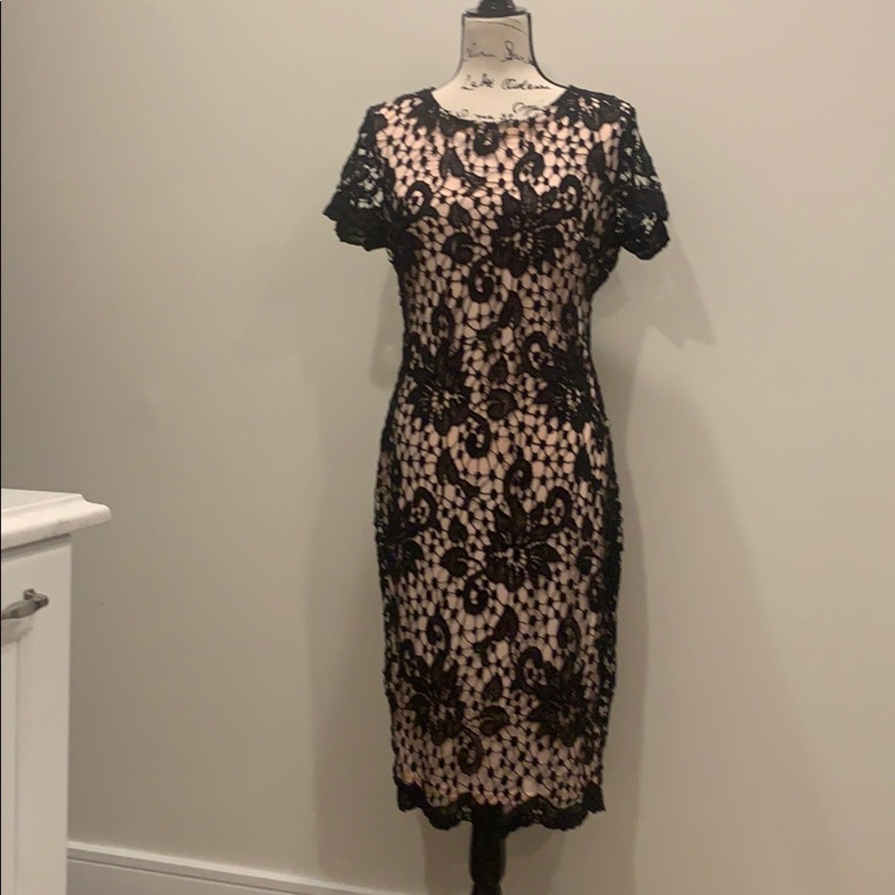 Black and Blush Lace Overlay Midi Dress